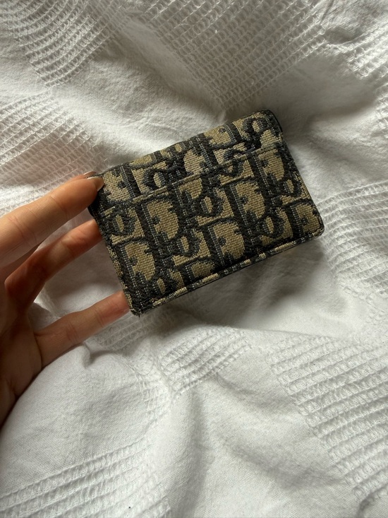 Dior Beige & Navy Saddle Card Holder with Gold 'D' Charm - Picture 6 of 6